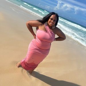 One shoulder dress, pink, rouched